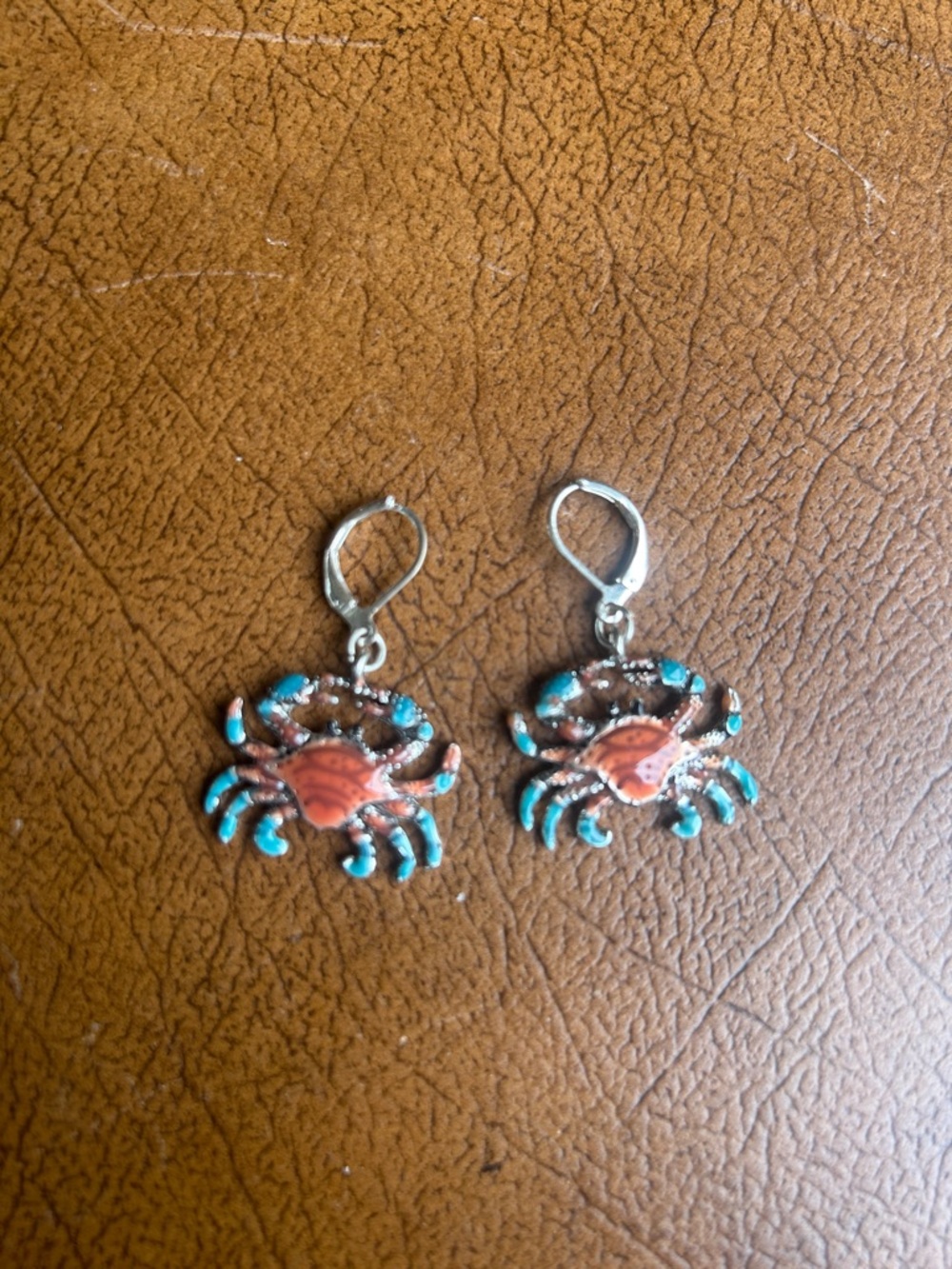 Silver Crab Drop Earrings with Coral and Turquoise Accents